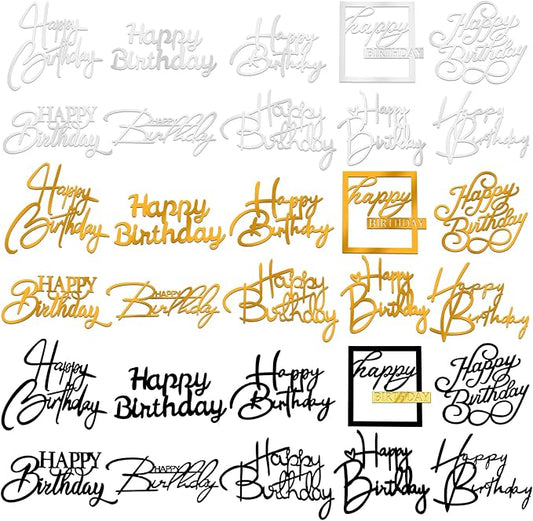 30PCS Happy Birthday Cake Topper Acrylic Cake Toppers for Party Supplies | Mirror Design Total 10 Styles Double-Sided DIY Gift Gold Silver Black Mixed