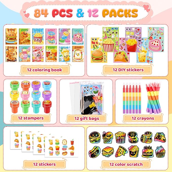 BenLouis 84 Pcs Fast Food Party Favors Food Coloring Books Bulk for Kids Classroom Pizza Birthday Gift Party Food Drink Candy Goodie Bag Fillers Donut Gift Decor Pinata Prize Activity Supplies