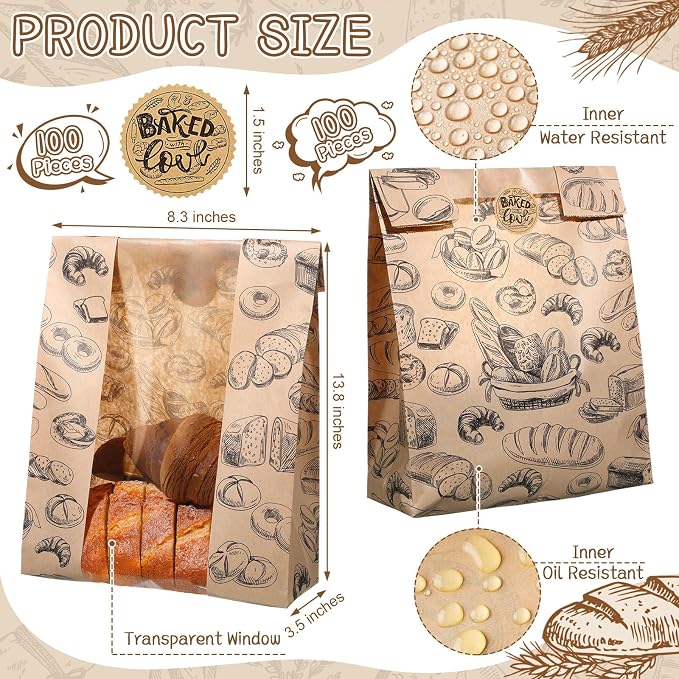 MotiMind 100 Packs Paper Bread Bags for Homemade Bread Sourdough 14 x 8.3 x 3.5 Inches Kraft Paper Bakery Bag with Window Label Seal Sticker for Baked Food Packaging Storage(Brown)
