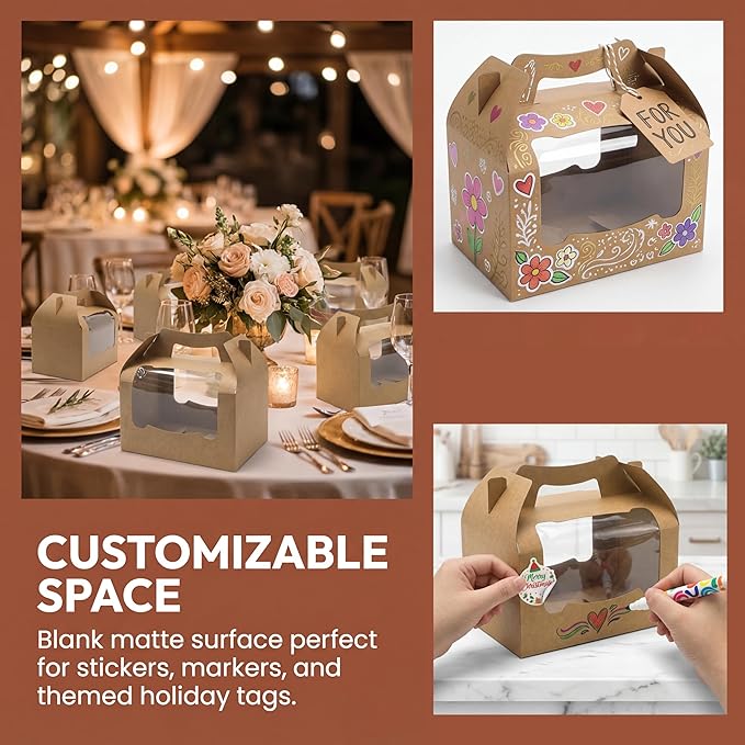 50 Pack Large Gable Box with Window, 9"x6"x6" Kraft Paper Party Favor Treat Box, Goodie Gift Boxes with Handle, Lunch Togo Boxes for Christmas Birthday Wedding Picnic Bakery Catering