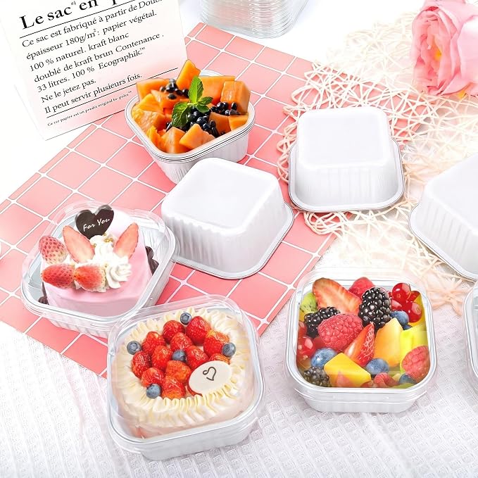 200Pack 5oz White Mini Cake Pans with Lids Baking Cups Aluminum Foil Pans Tins, Individual Dessert Cups Containers for Sales,Party,Picnics