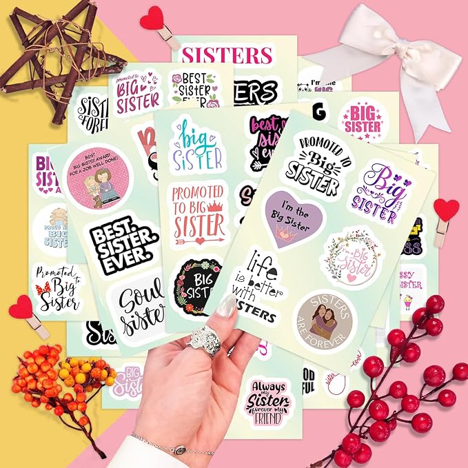 100Pcs Big Sister Stickers for Water Bottle and Laptop - Big Sister Party Supplies & Decorations, Waterproof Vinyl Decals, Sibling and Family Stickers, Gifts for Women & Men
