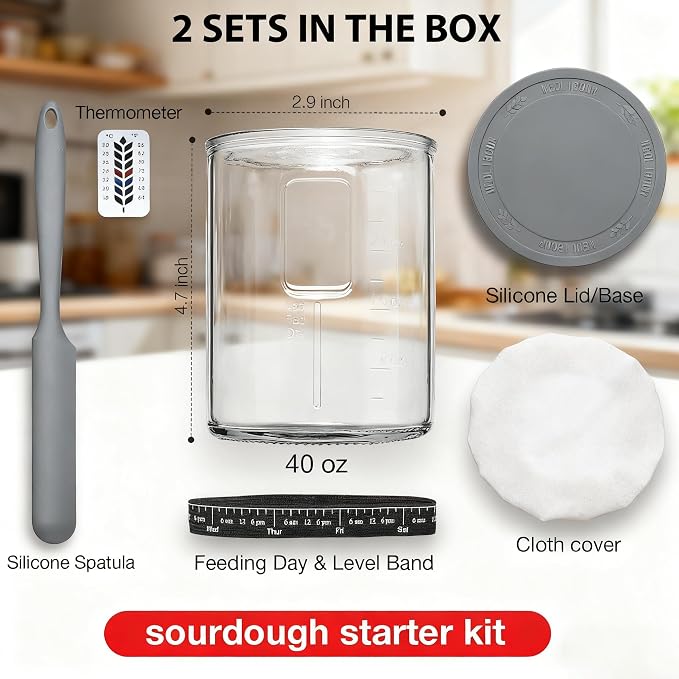 2 Pack Premium Pro Sourdough Starter Jar Kit - 40oz Large Wide Mouth Sourdough Bread Jar with Marked Feeding Band, Thermometer, Scraper, Cloth Cover & Silicone Lid/Base, Glass Container, Baking Supply
