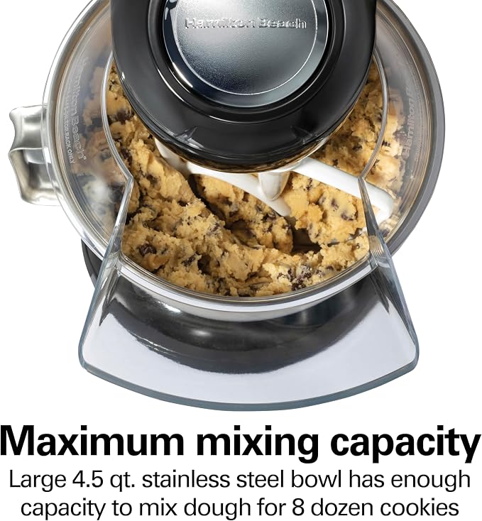 Hamilton Beach Die-Cast Metal Classic Electric Stand Mixer, 12 Speeds | 4.5-Quart Stainless Steel Bowl, Includes Flat Beater, Whisk, Dough Hook & Pour Shield, Powder-Coated Black Finish (63227N)