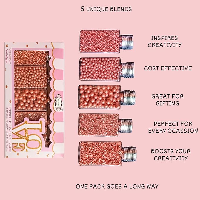 Confect Rose Gold Sprinkles – Edible Sprinkles Mix with Dragees, Jimmies & Sparkling Sugar for Cake & Cupcake Decoration, Perfect for Birthdays, Weddings & Parties | Vegan, Gluten-Free, Nut-Free, Soy-Free, Dairy-Free, Palm Oil-Free -5 Oz
