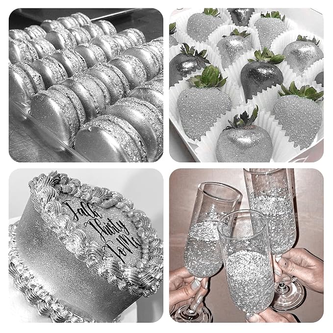 Silver Edible Glitter Spray - 10g Edible Silver Glitter for Cakes Food Grade Metallic Shimmer Powder Cake Sprinkles for Cookie Decorating Chocolate Strawberry