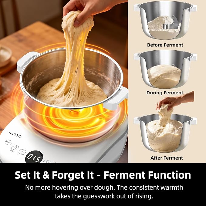 AIZIYO DoughChief, 5.3QT Dough Maker, Dough Mixer with Ferment Function, 304 Stainless Steel Bowl, Removeable lid, Face-up Touch Panel, Electric Stand mixer for Pizza, Bread, Pasta & Mochi