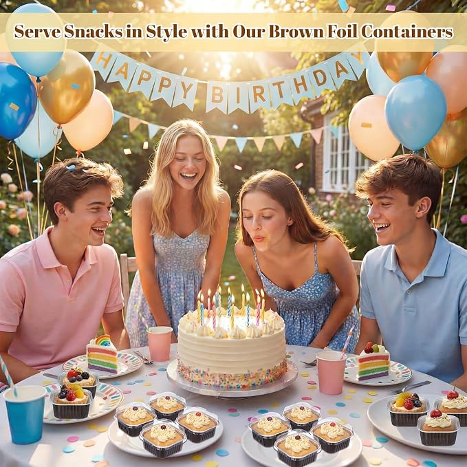 200 Pack 5 oz Mini Cake Pans with Lid, Aluminum Foil Mini Baking Tins, Square Disposable Cupcake Baking Cup Dessert Container for Wedding Birthday Party Picnic(Brown,Classic)