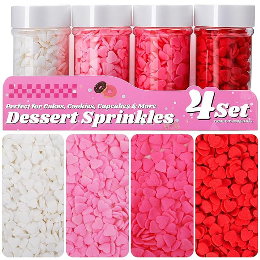 Heart Sprinkles for Cake Decorating, 11.3 Oz Edible Red White Pink Sprinkles, 4 Jars Set for Valentines & Mothers Day Baking Cupcakes Cookies