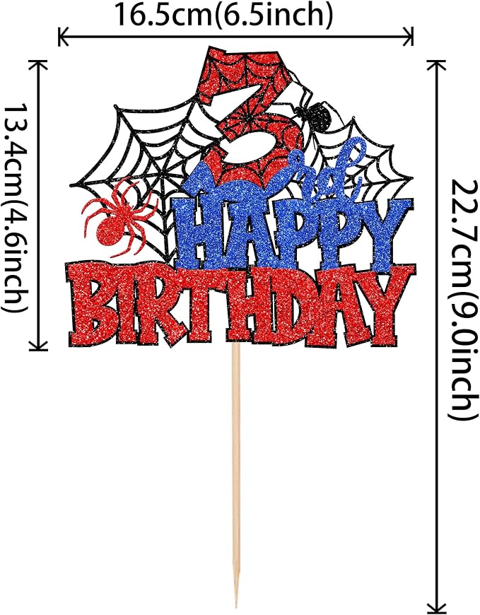1 PCS Happy 3rd Birthday Cake Topper Glitter Spider Web Cheers to 3 Years Third Birthday Cake Pick Superhero Spider Party Decorations for Boys Girls Happy 3rd Birthday Party Cake Decorations Supplies