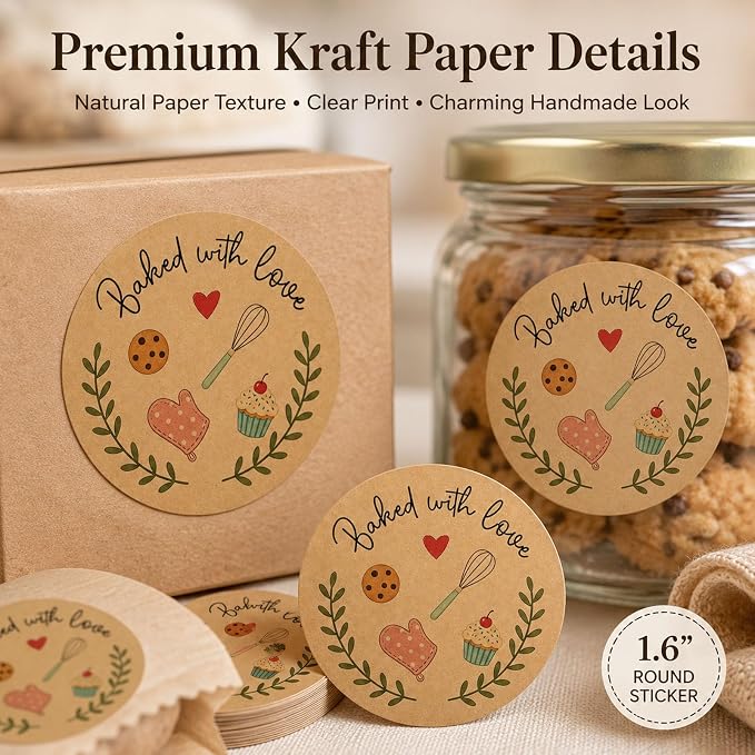 100 Baked with Love Stickers, Kraft Paper Bakery Stickers for Cookies, Sourdough Bread & Pastry Packaging, Rustic Baking Labels for Gift Bags, Bakery Boxes & Small Business, 1.6 Inch