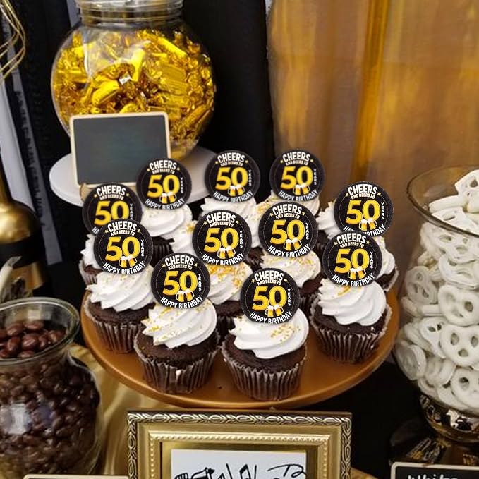40Pcs Edible Cheers Beers to 50 Years Cupcake Toppers Edible Black Happy 50th Birthday Cupcake Picks Drink Toppers for Cheers Beers Theme 50th Men Birthday Party Decorations