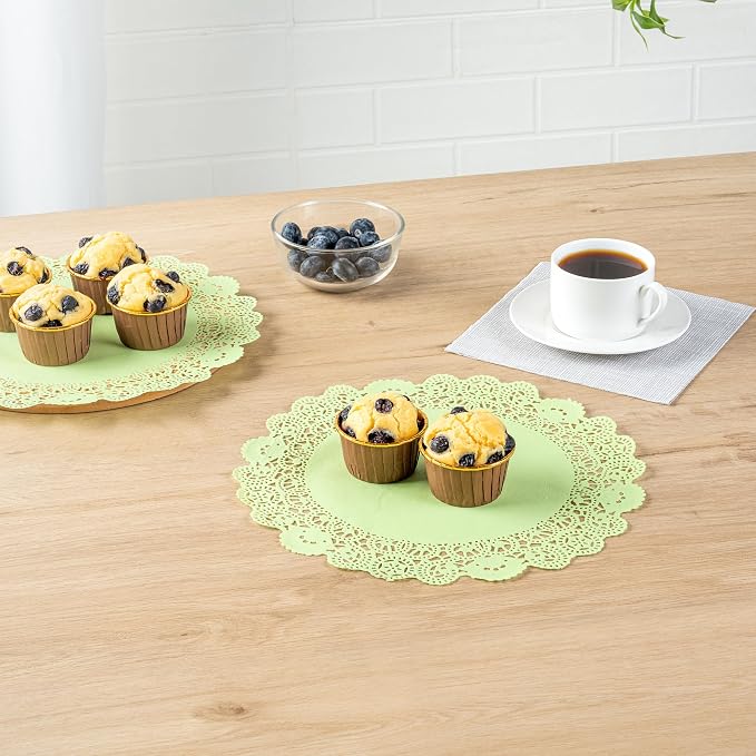Pastry Tek 12 x 12 Inch Paper Lace Doilies, 100 Disposable Table Doilies - Elegant Lace Finish, Long Lasting, Green Paper Doily, for Pastries, Cupcakes, Desserts - Restaurantware