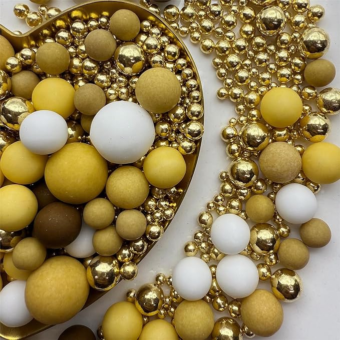 CandiJumpin Edible Pearls for Cake Decorating, Brown White and Gold Pearl Sprinkles Brown and Gold Sugar Pearls Edible Cake Decorations White Pearl Sugar Sprinkles Cupcake Toppers Baby Shower Party Birthday Wedding Christmas Supplies 3 OZ