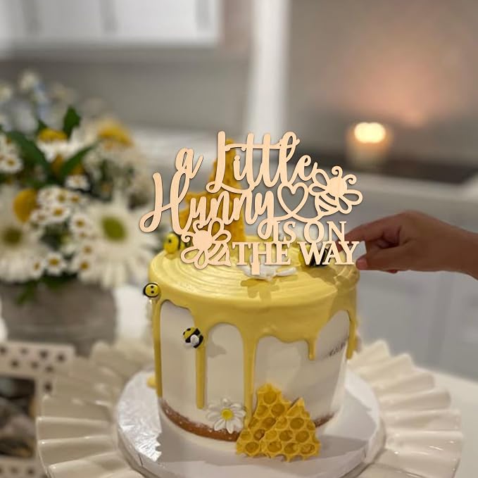 ZAIBIANHAO A Little Hunny Is On The Way Cake Topper - Bee Theme Cake Decorations,Wooden Cake Topper for Baby Shower Party Supplies,Gender Reveal Photo Props