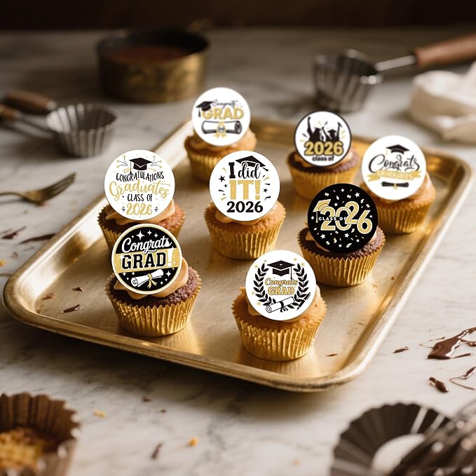 63 PCS Edible 2026 Graduation Theme Cupcake Toppers Diploma Class of 2026 Cake Decorations Edible Congrats 2026 Grad Cap Cupcake Picks for Congratulations 2026 Graduation Theme Party Supplies Gold