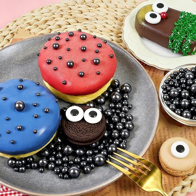 Black Edible Pearl Sprinkles for Cake Decorating, 160g/5.64oz, Sugar Pearls Sprinkles for Cupcake, Cookies, Baking Cake Decorations, 4 sizes, Party Holiday Supplies