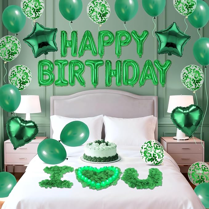 Green Happy Birthday Balloons Decorations Green Birthday Balloon Letters Banner with Star Heart Balloons 1000 Pcs Artificial Rose Petals 24 Flameless LED Candles for Hotel Birthday Party Supplies