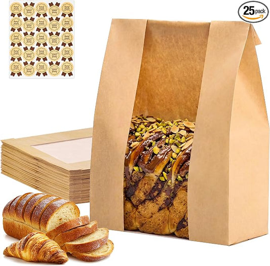 Moretoes Sourdough Paper Bread Bags, 25 Packs With Window for Homemade Baked Food Packaging Storage, Includes Label Seal Stickers (13.7x8.3x3.5 Inch)