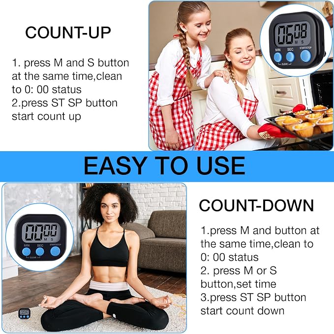 Leumoi 24 Pcs Digital Kitchen Timers Magnetic Back Timers Bulk Large Screen Loud Alarm On/Off Switch Minute Second Count up Countdown Memory Setting for Cooking Classroom Exercise(Black and Blue)