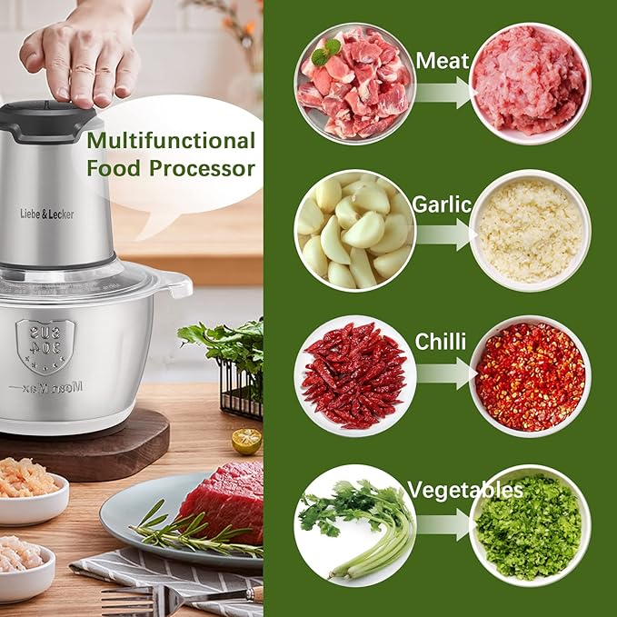 Liebe&Lecker Electric Food Chopper, 350W Food Processor with 8-Cup Bowl | Stainless Steel Meat Grinder with 4 Sharp Blades, 2 Speeds Mincer for Vegetables, Nuts, Homemade Puree Recipes, Zero BPA