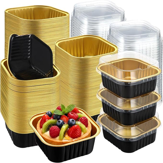 150 Pack 5 oz Black Gold Mini Cake Pans with Lid, Aluminum Foil Mini Baking Tins, Square Disposable Cupcake Baking Cup Dessert Container for Wedding Birthday Party Favors Picnic Supplies
