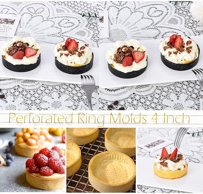 DATANYA 8Packs Perforated Tart Rings Stainless Steel Mousse Ring Molds 4 Inch Metal Pastry Cake Ring for Baking Cooking Cookies, small fruit tartet crust, muffins, crumpets