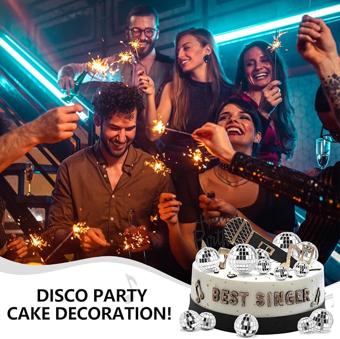 Soelomu 30 Pcs Mini Disco Ball Cake Decorations - 4 Sizes Silver Reflective Mirror CupCake Decor for 70s Birthday Music Disco Party Supplies