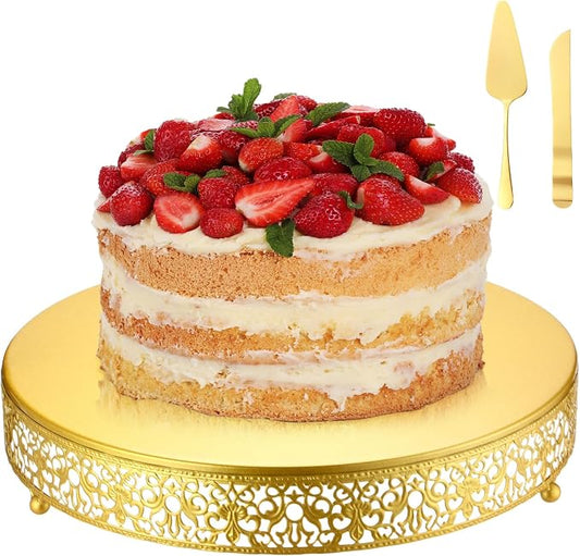 Wenqik 14 Inch Gold Cake Stand Set Metal Round Cupcake Dessert Stand with Cake Cutting, Spatula Wedding Cupcake Pastry Display Candy Holder Display for Wedding Party Birthday Baby Shower(Classic)