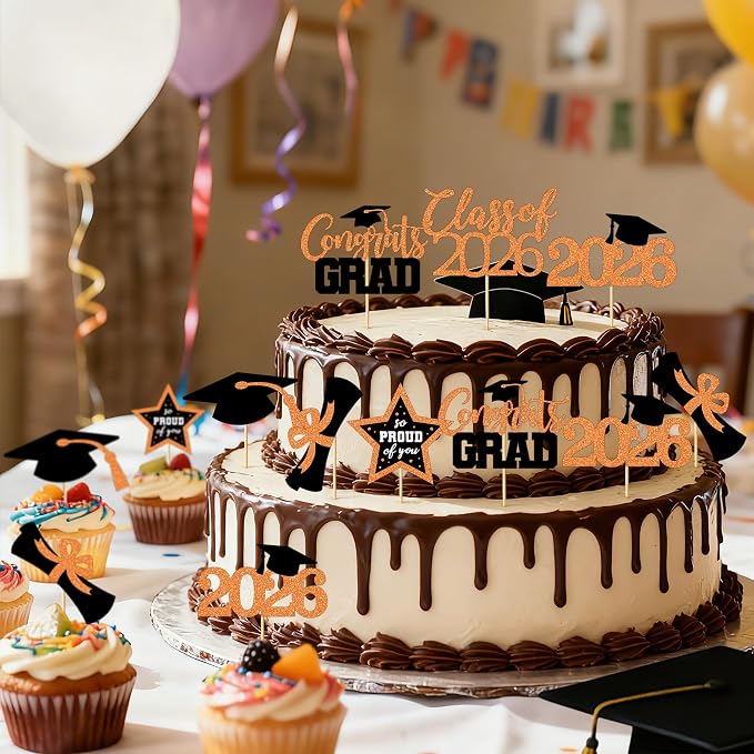 48 PCS Graduation Cupcake Toppers 2026, 6 Styles Grad Cake Topper, Black and Orange Graduation Decorations, Glittery Cap and Diploma Cake Picks for Congrats Grad Decor Party Supplies