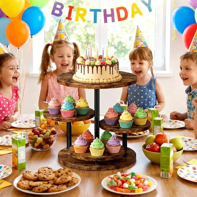Cupcake Stand 4 Tier for 50 Cupcakes Wooden Cake Stand 360°Rotatable Dessert Stands Round Cookie Tiered Tray Stand for Party Birthday Wedding Baby shower Afternoon Tea Dessert Table, Brown