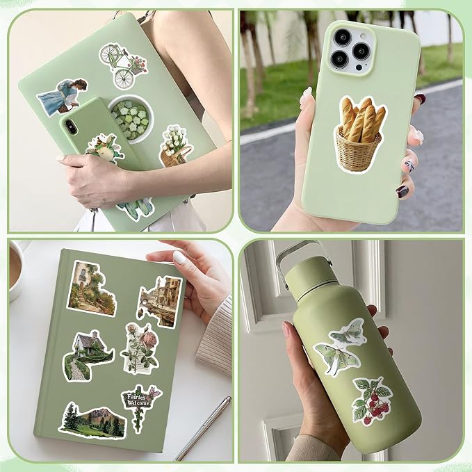 50 Pcs Cottagecore Stickers for Scrapbooking, Waterproof Vinyl Green Vintage Botanical Stickers for Laptops Water Bottles Journals, Aesthetic Decorative Decals for Teens Students Adults