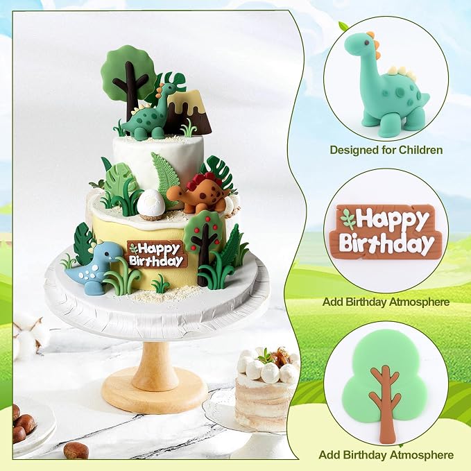 25PCS Dinosaur Cake Topper, Leaves Trees Cake Decorations Birthday Cake for Dinosaur, Jungle Safari Themed Birthday Decorations Supplies