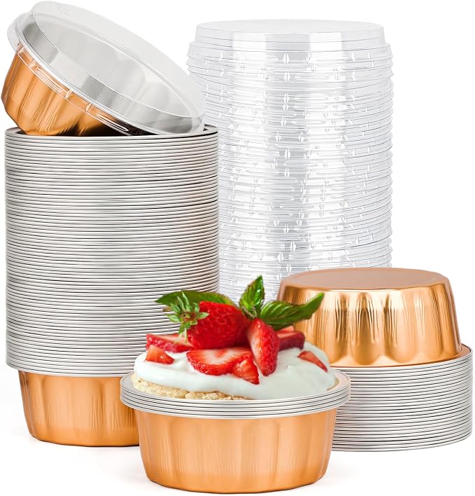 Beasea Disposable Ramekins 8oz, 100 Pack Rose Gold Aluminum Foil Cups with Lids, Disposable Creme Brulee Muffin Cupcake Baking Cup Mini Pudding Cups for Party Wedding Birthday