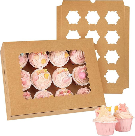 Moretoes 34 Sets Cupcake Boxes, Hold 12 Count Cupcake Containers, Brown Containers with Window and Inserts, 13 x 10 x 3.5 Inches Kraft Bakery Carrier Boxes for Birthday Holiday Party Bakery Supplies