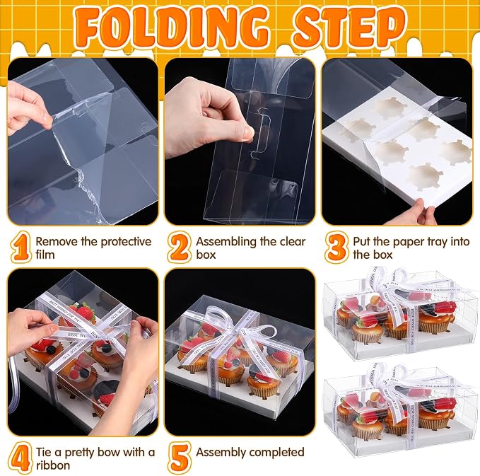 Dandat 24 Pack Clear Cupcake Boxes 6 Count Plastic Clear Cupcake Containers with Gift Ribbon Rectangle Bakery Cake Boxes Carrier Holder for Birthday Wedding Christmas Party