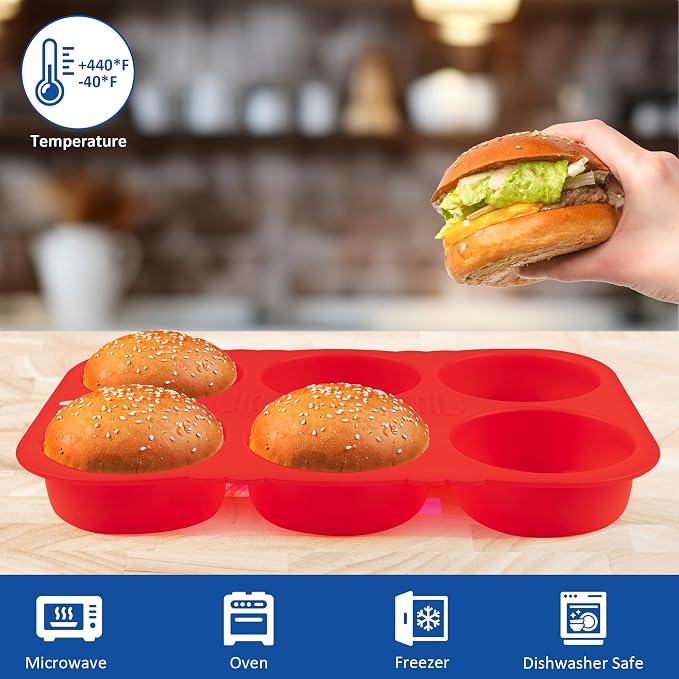 Silicone Hamburger Bun Mold and Bagel Pan, 6 Donut Inserts, 4 Inch | Hamburger Bun and Bagel Mold, Food-Grade Platinum Silicone, Non-Stick, Dishwasher Safe, 6PCS Donut Inserts Included