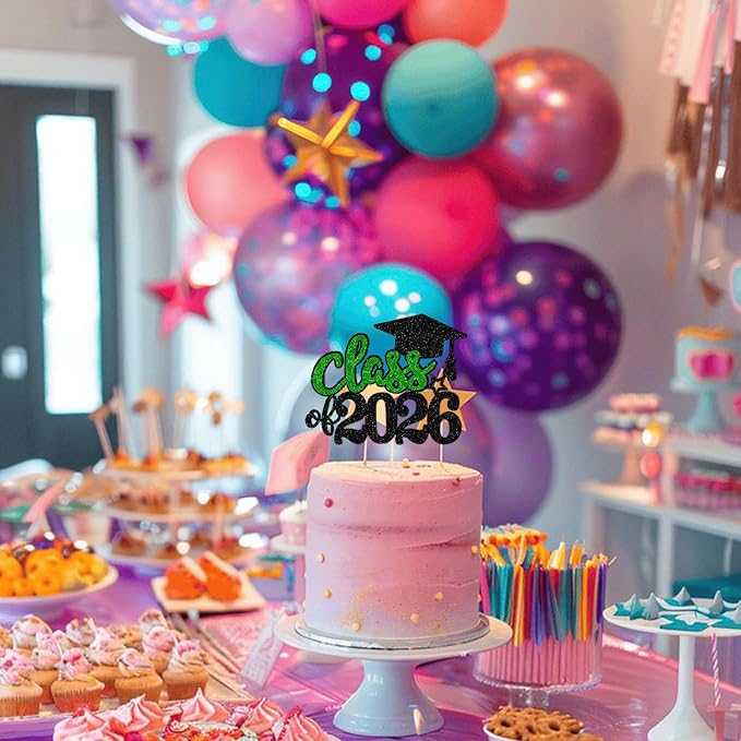 1 Pack 2026 Graduation Cake Topper Glitter Grad Cap Diploma Cake Decorations 2026 Senior Graduation Cake Pick for 2026 School Graduation Theme Party Cake Decoration Supplies Green Black