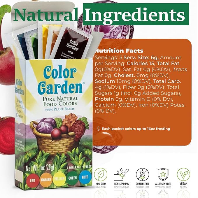Color Garden Natural Food Coloring, Multi – 5 ct (Red, Yellow, Blue, Green, Orange) 1 oz, Plant-Based Liquid Dye, Vegan, Non-Toxic, No Artificial Colors