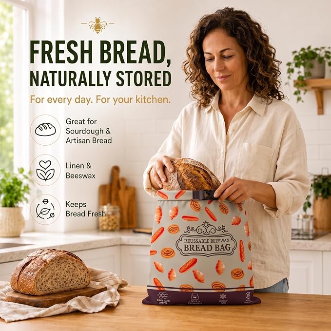 Beeswax Bread Bag 1 Pack, Reusable Linen Bread Bags for Homemade Bread, Extra Large Sourdough Bread Storage Bag, Natural Beeswax Lining Keeps Loaves Fresh Longer, Eco Friendly