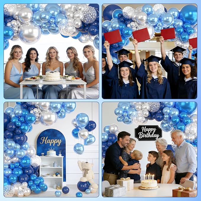 Amandir 153pcs Blue and Silver Balloon Garland Arch Kit, Different Sizes 18 12 10 5 inch Royal Navy Blue Latex Metallic Confetti Balloons for Graduation Wedding Shower Birthday Party Decorations