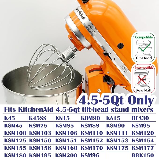 Wire Whisk Stainless Steel Replacement for KitchenAid 4.5-5 Qt. Tilt-Head Stand Mixer for Egg Heavy Cream Beater Stirrer, Flour Cake Balloon