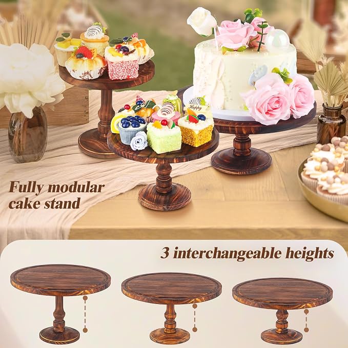 Wisreach Set of 3 Rustic Wooden Cake Stands — Farmhouse Cupcake Pedestal Display for Weddings, Birthdays, Desserts & Parties — Tiered Serving Trays for Cakes, Snacks & Decor