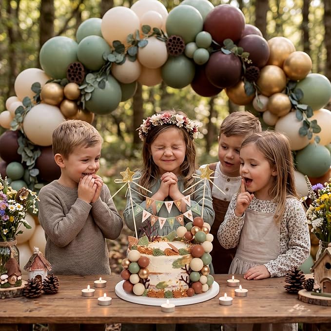 21 Pcs Happy Birthday Cake Topper Cake Bunting Topper Banner with Wood Pole Rainbow Garland with Bow Ribbon Balloon, Mini Cupcake Decor for Birthday Baby Shower (Brown,Gold,Green,Apricot)
