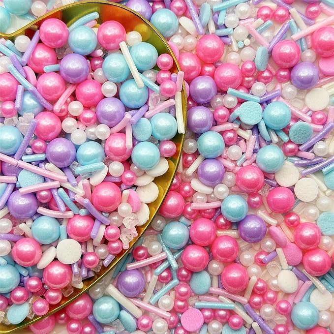 CandiJumpin Pink Blue and Purple Pearl Sprinkles, Edible Pearls and Jimmies Mix Blue and Purple Sprinkles Crunchy Jimmies Edible Pearls for Cake Decorating Pearl Decoration for Baking Baby Shower Party Birthday Wedding Christmas Supplies 3 OZ