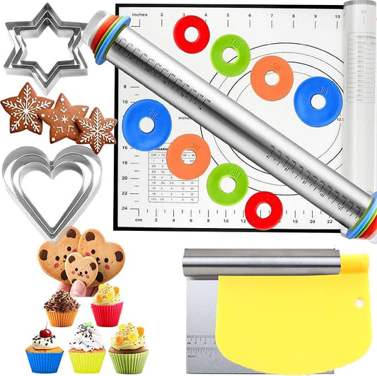 Adjustable Rolling Pin 19 Set and Silicone Baking Pastry Mat Set,Thickness Rings,Dough Roller & Steel Cutter& 6 Cookie Molds & Cake Molds for Baking Dough Stainless Steel Dough Roller, Pizza, Pie