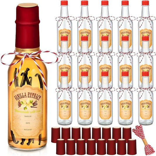 Tioncy 16 Pcs Empty Vanilla Extract Bottles for Homemade Vanilla Jar Glass Bottle with Cap, Shrink Band, Sticker DIY Crafts Wedding Gift Food Storage Canister for Bean(Red,3 oz)