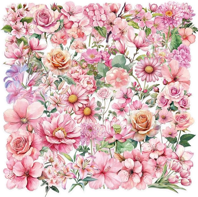 50Pcs Transparent Pink Flower Stickers PET Waterproof Nature Flower Decals Decorative for Water Bottles Phone Cases Laptops Scrapbook DIY Crafts Album Journal Plant Enthusiast (Pink Flower)