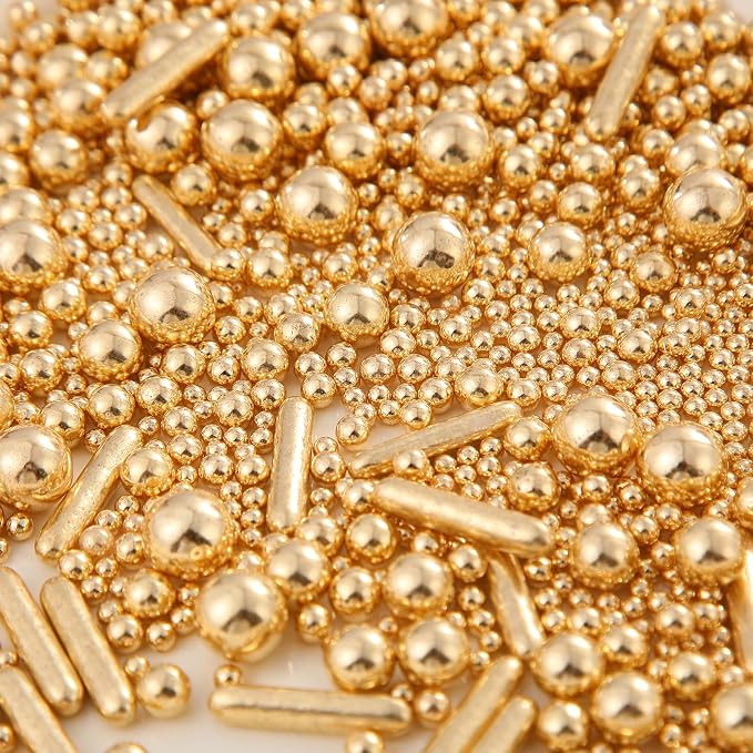 Weraru Edible Gold Pearl Sprinkles Candy Mixing Size Baking Edible Cake Decorations Cupcake Toppers Cookie Decorating Celebrations Wedding Shower Party Chirstmas Supplies 120g/ 4.2oz