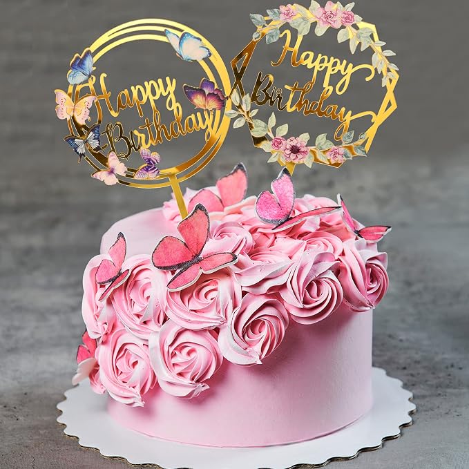 Jetec 6 Pieces Happy Birthday Cake Toppers Gold Flower Acrylic Cupcake Cake Toppers for Various Birthday Party Anniversary Pastries Decorations